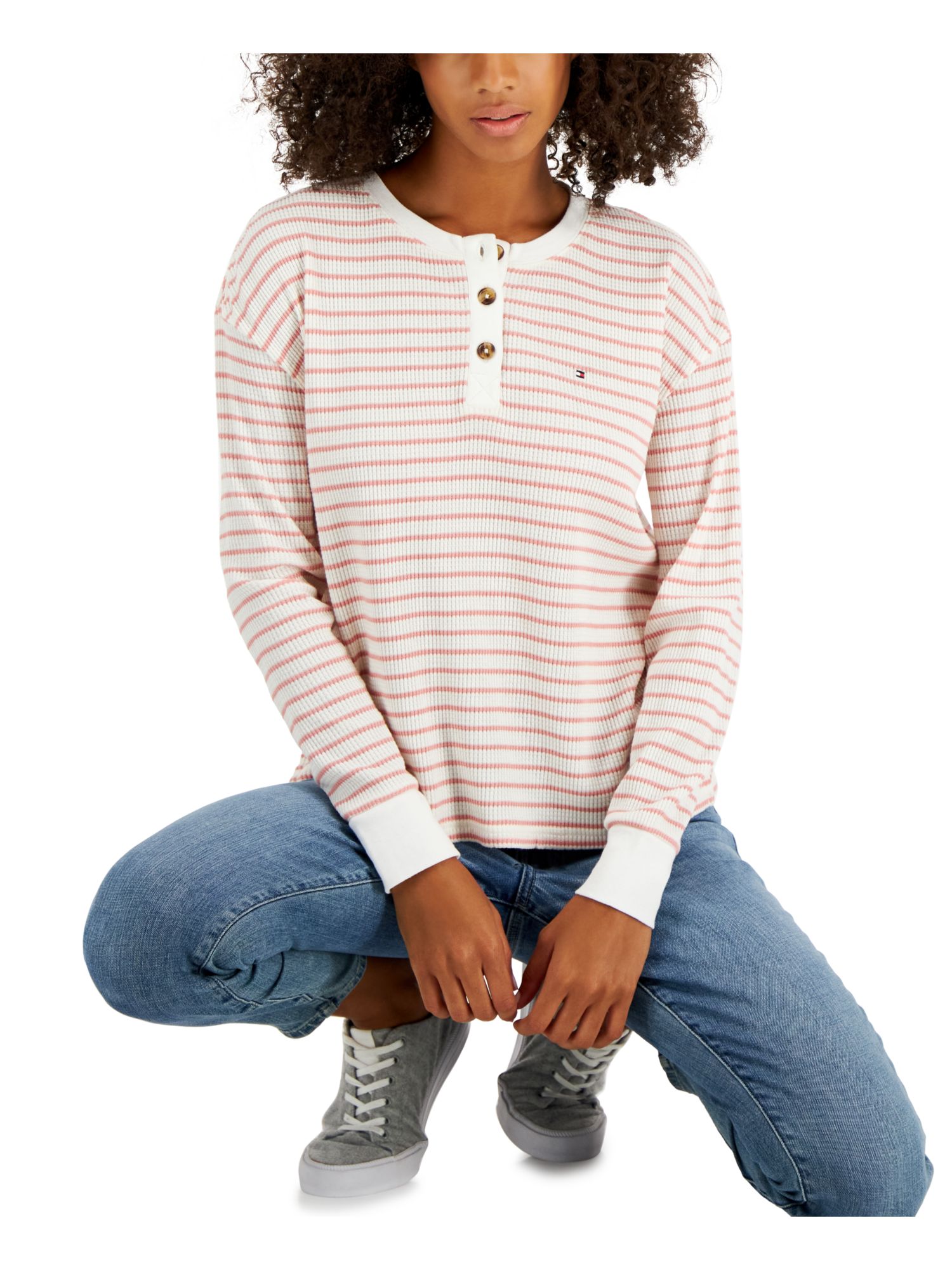 TOMMY HILFIGER Womens White Textured Henley Boxy Fit Contrast Trim Striped Long Sleeve Round Neck Top XXL
